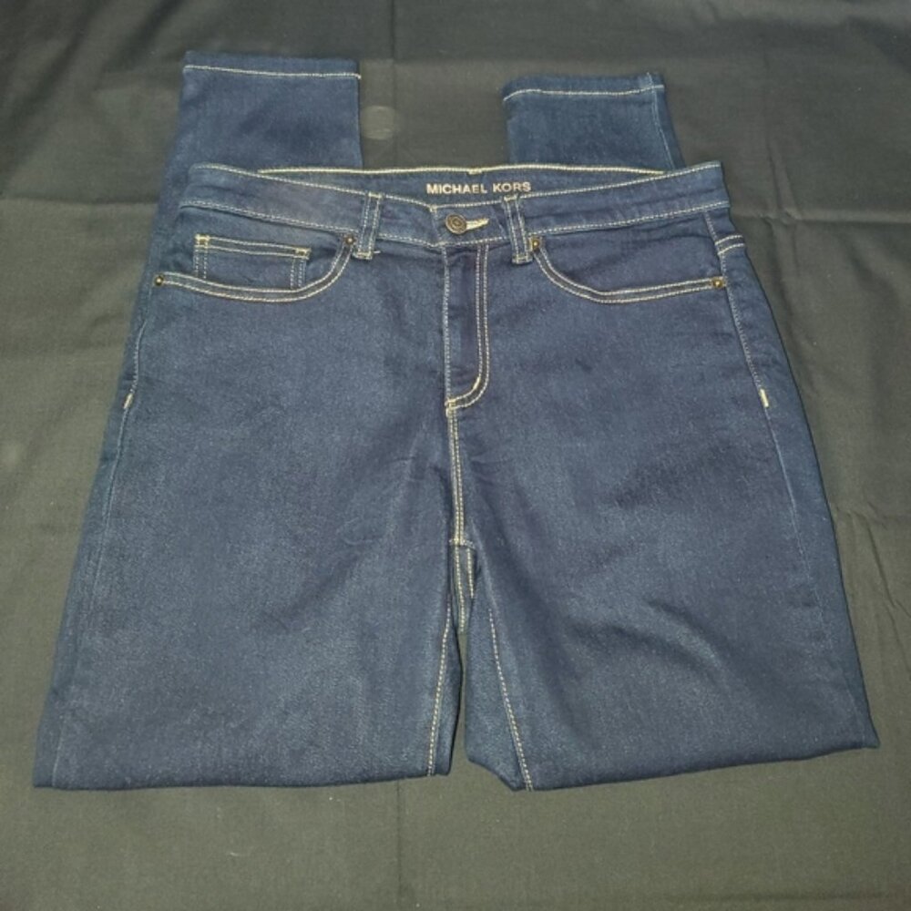 Micheal Kors izzy cropped skinny Jeans.  Size 8. Dark blue with gold. Nwot